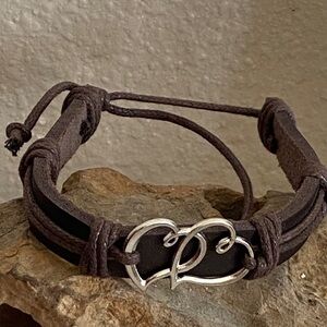 NEW Chocolate Vegan Leather & Double Heart Charm Adjustable Bracelet